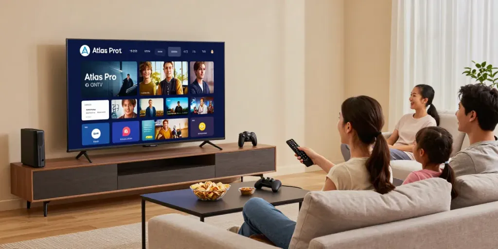 Expérience de divertissement à domicile avec l'application atlas pro sur Smart TV, famille réunie pour une soirée cinéma.