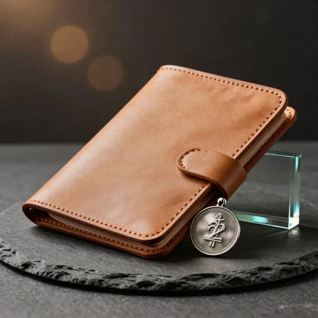 Étui portefeuille en cuir, jeton d’acier et plaque de verre fumé sur fond sombre.