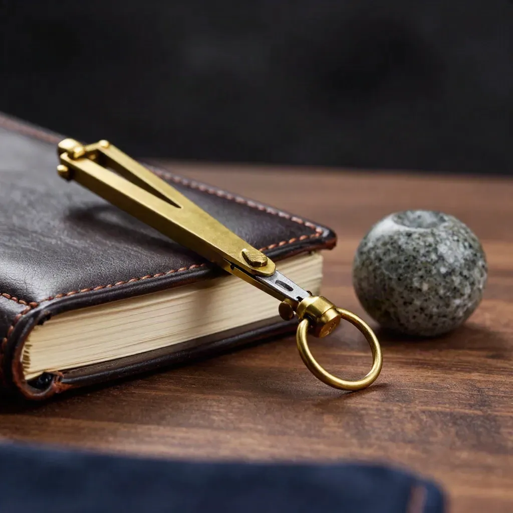 Boussole en laiton, carnet de risque en cuir et presse-papiers en pierre sur fond sombre.